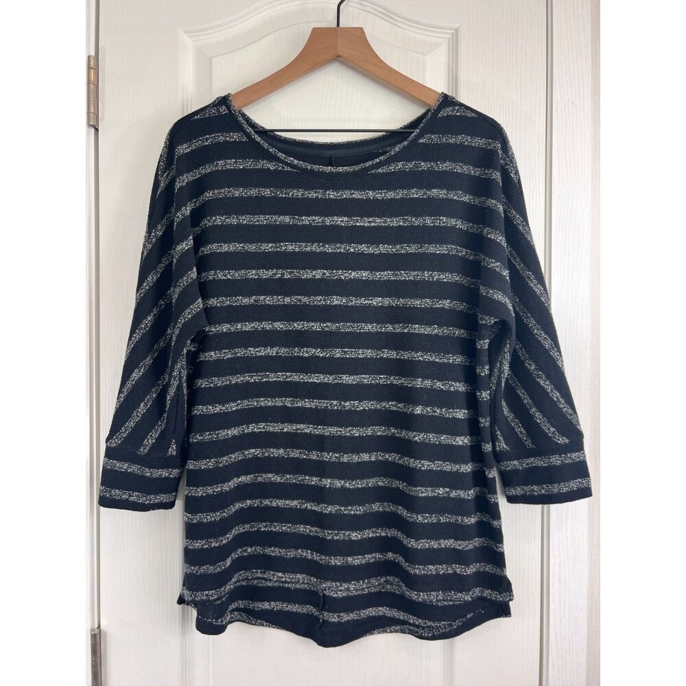 Lou & Grey Women's 3/4 Sleeve Top Black Stripe Polyester Rayon Blend Size L